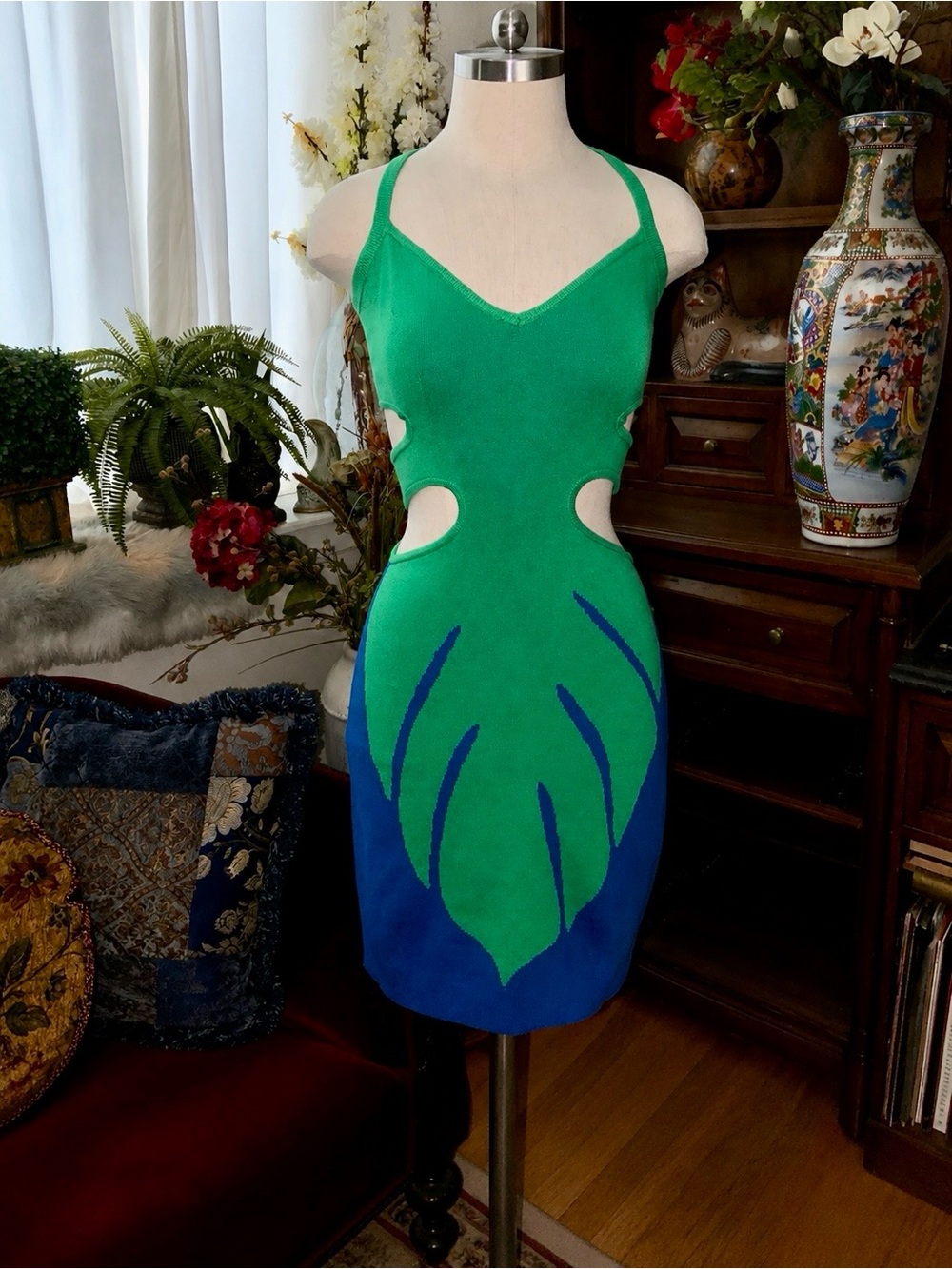 ANTHROPOLOGIE Celandine Blue-Green Knit Cut Out Dress sz XS